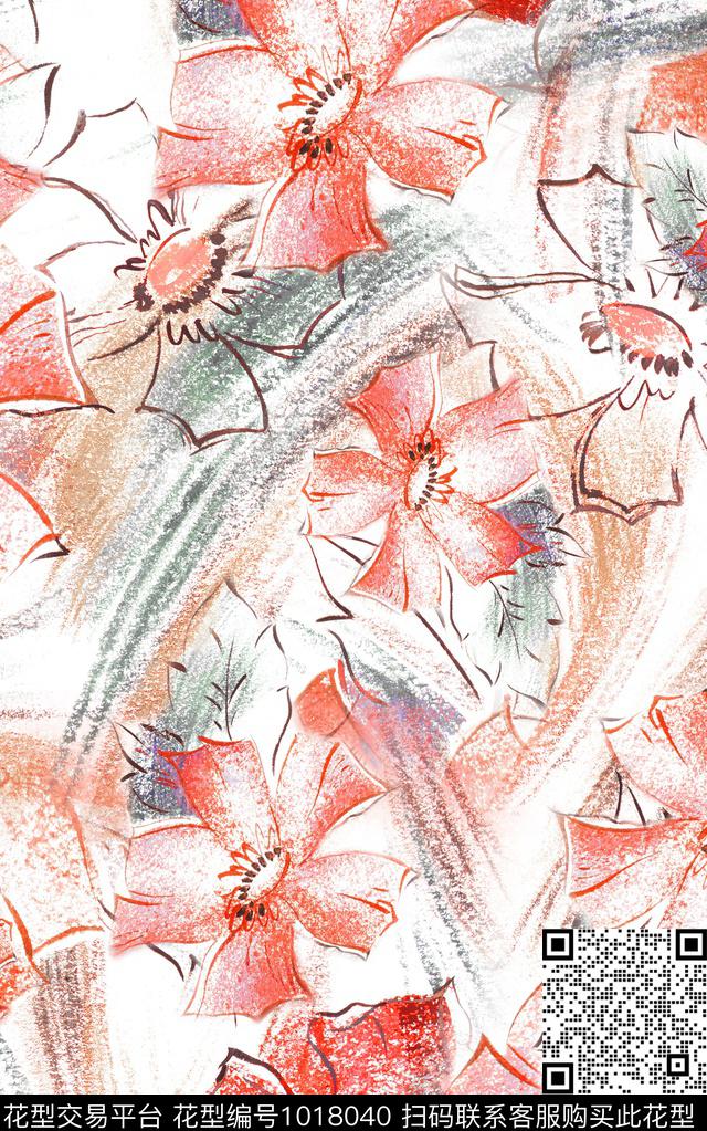 花卉笔触数码印花华亿平台下载（图片编号: 1018040） - 瓦栏（Walan）