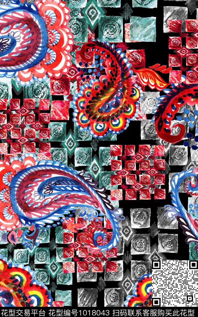 民族风格子几何数码印花华亿平台下载（图片编号: 1018043） - 瓦栏（Walan）