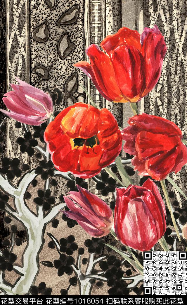 花卉定位花中国风数码印花华亿平台下载（图片编号: 1018054） - 瓦栏（Walan）