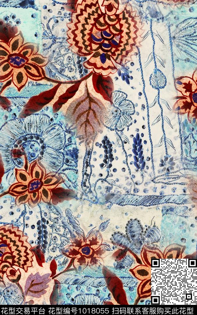 民族风线条佩斯利数码印花华亿平台下载（图片编号: 1018055） - 瓦栏（Walan）