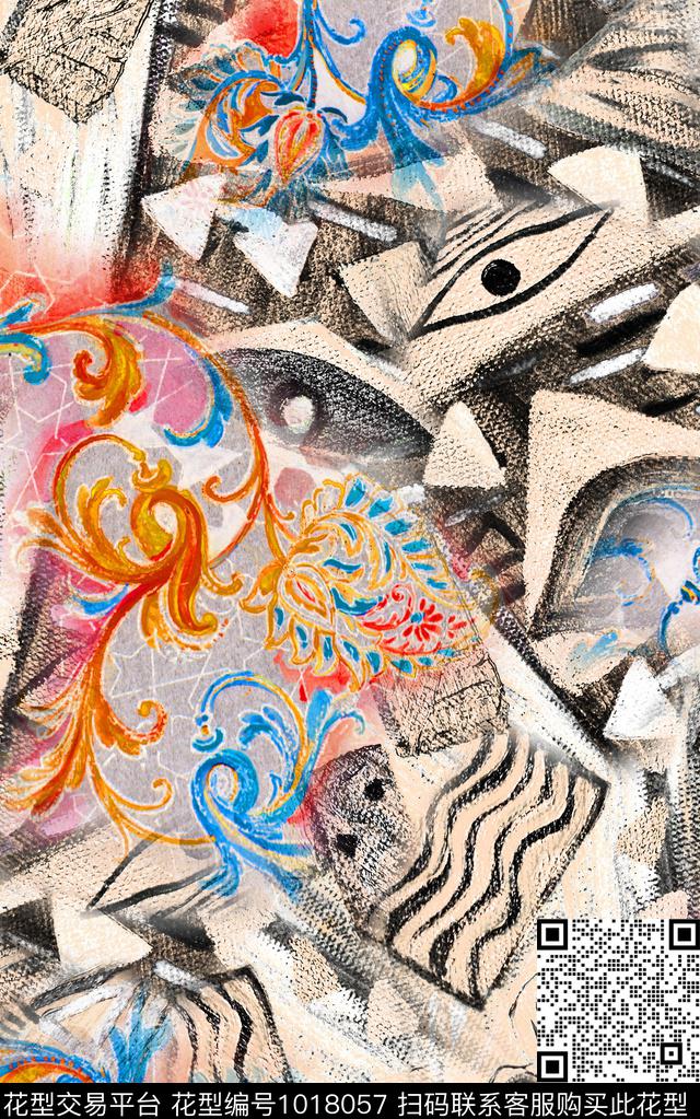 民族风线条佩斯利数码印花华亿平台下载（图片编号: 1018057） - 瓦栏（Walan）