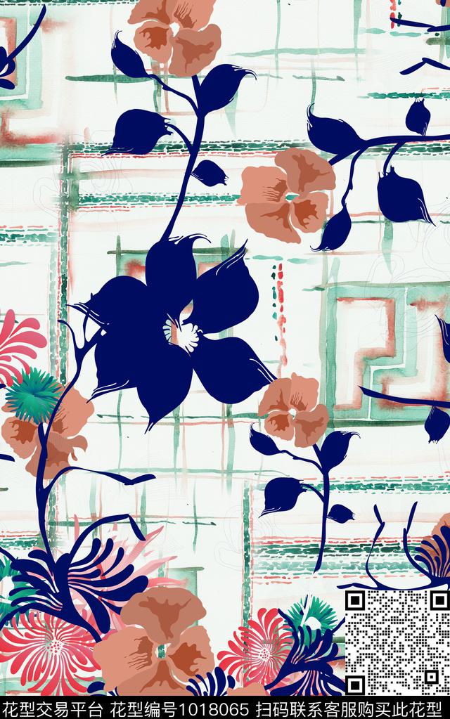 格子花卉几何数码印花华亿平台下载（图片编号: 1018065） - 瓦栏（Walan）