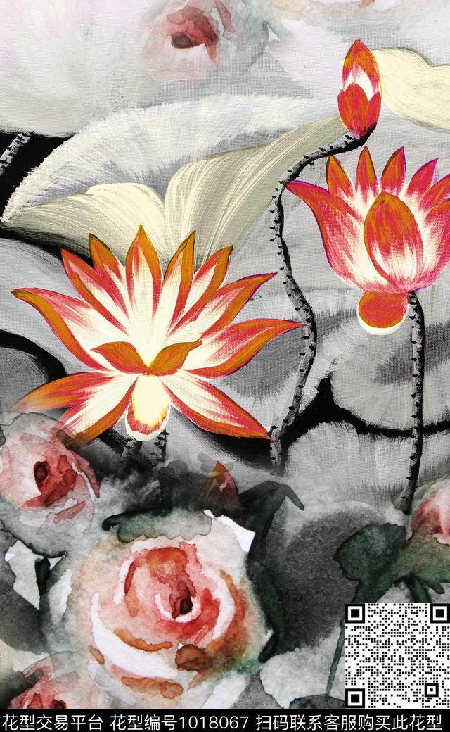 定位花水墨风中国风数码印花华亿平台下载（图片编号: 1018067） - 瓦栏（Walan）