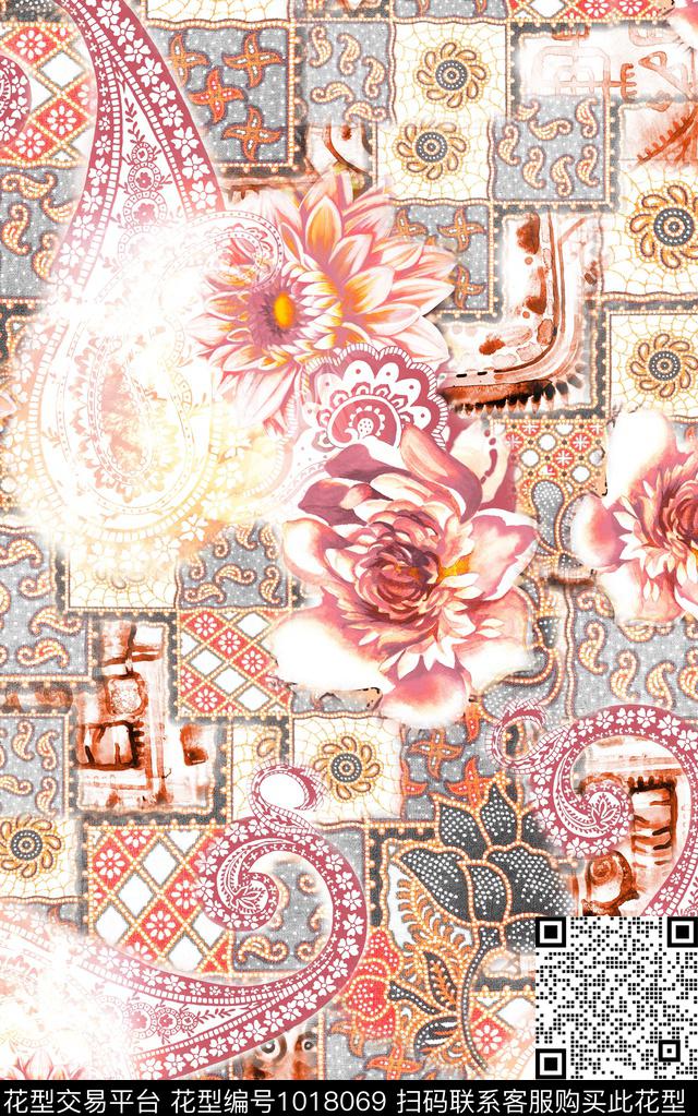 民族风线条佩斯利数码印花华亿平台下载（图片编号: 1018069） - 瓦栏（Walan）