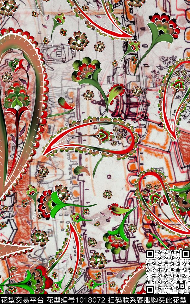 民族风线条佩斯利数码印花华亿平台下载（图片编号: 1018072） - 瓦栏（Walan）