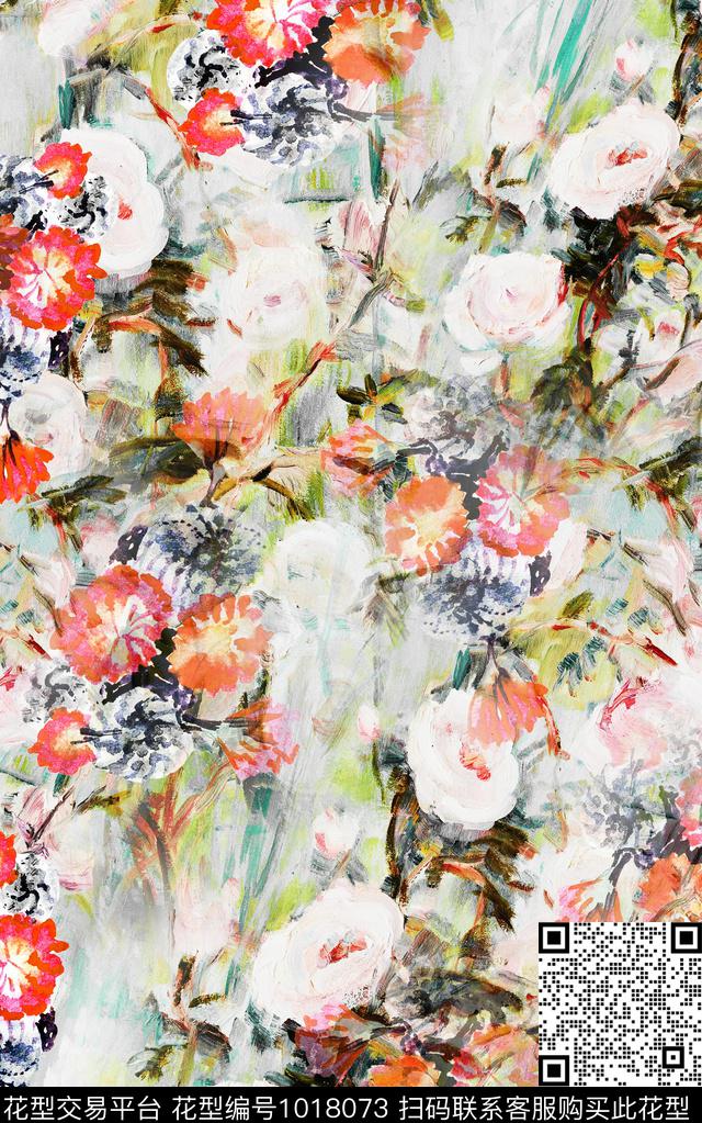 肌理花卉笔触数码印花华亿平台下载（图片编号: 1018073） - 瓦栏（Walan）