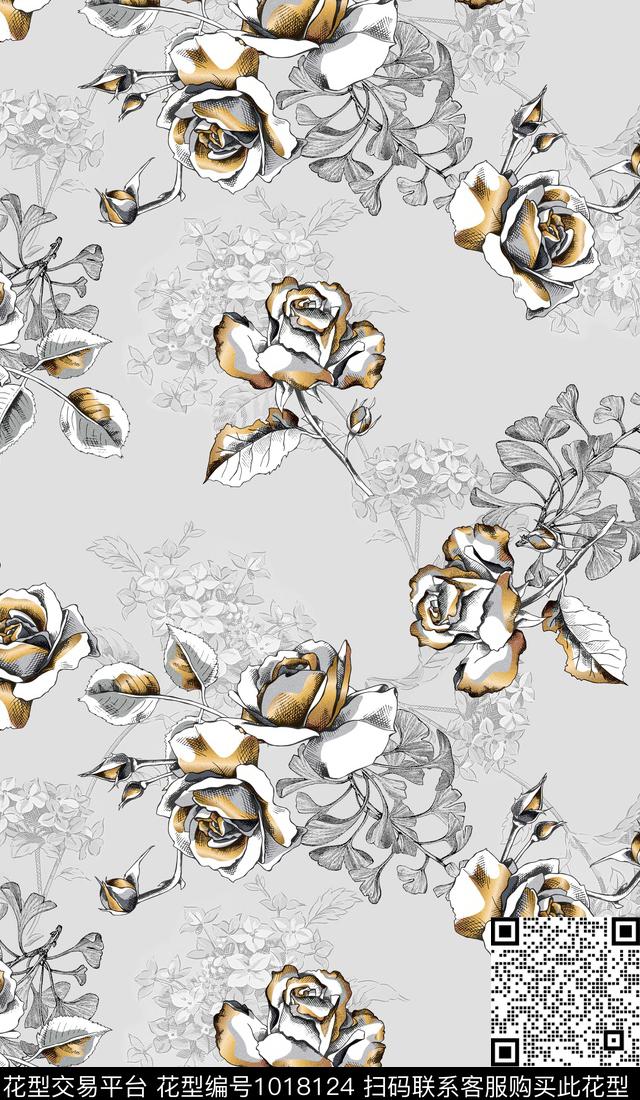 淑女大花手绘玫瑰数码印花华亿平台下载（图片编号: 1018124） - 瓦栏（Walan）