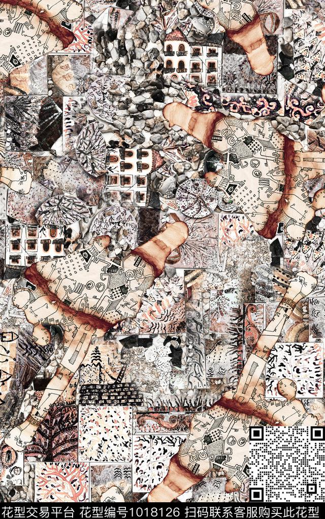 数码华亿平台抽象复古数码印花华亿平台下载（图片编号: 1018126） - 瓦栏（Walan）