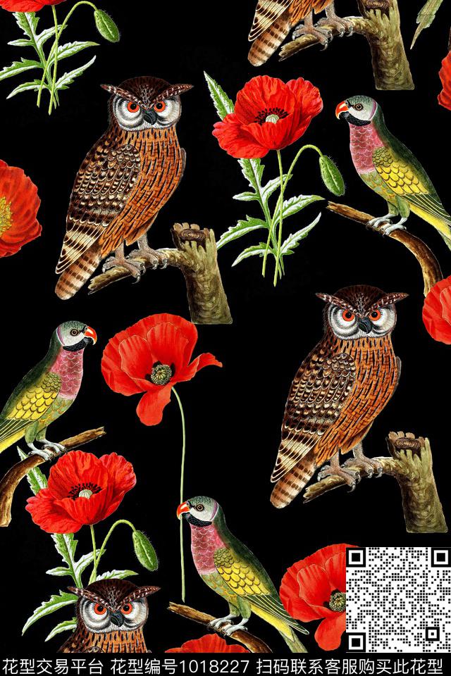 猫头鹰花卉时尚复古数码印花华亿平台下载（图片编号: 1018227） - 瓦栏（Walan）
