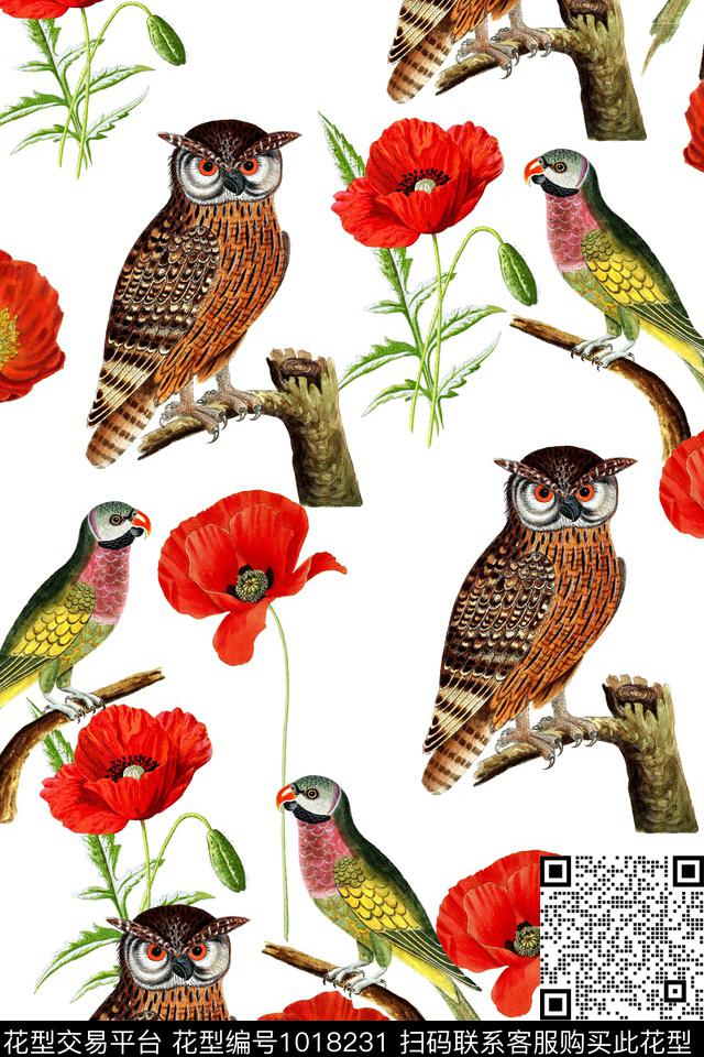猫头鹰花卉时尚复古数码印花华亿平台下载（图片编号: 1018231） - 瓦栏（Walan）