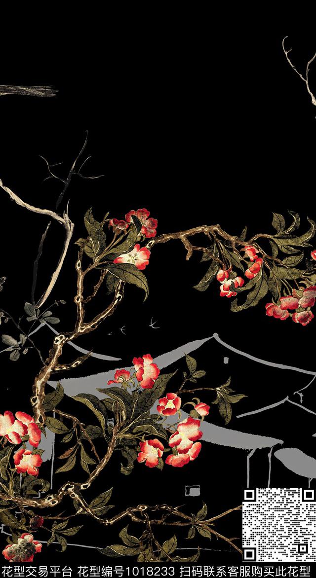 黑底花卉民族风定位花数码印花华亿平台下载（图片编号: 1018233） - 瓦栏（Walan）
