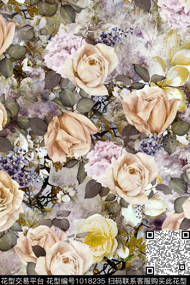 数码华亿平台手绘花卉花卉数码印花华亿平台下载（图片编号: 1018235） - 瓦栏（Walan）