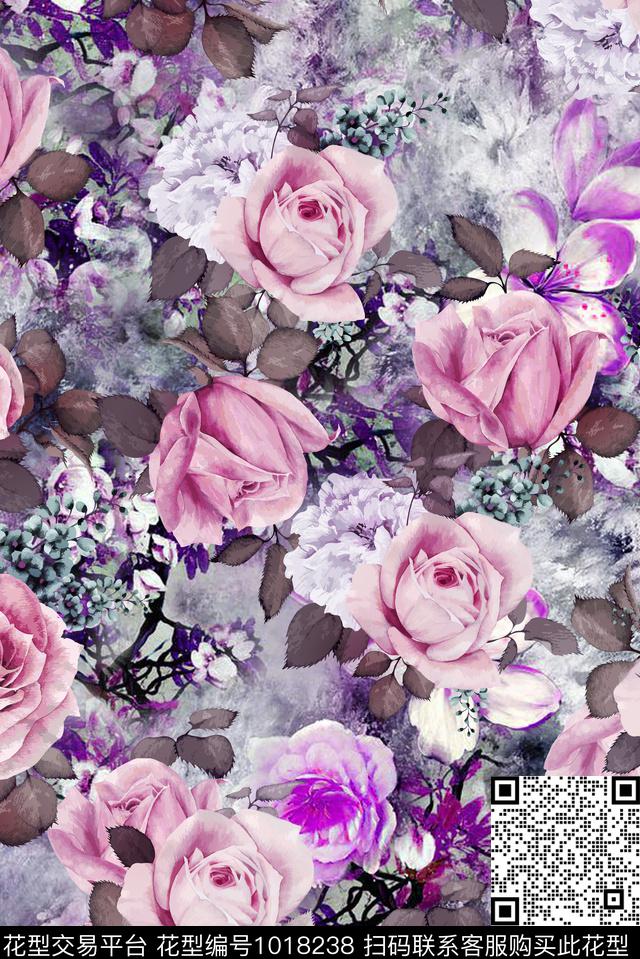 数码华亿平台手绘花卉花卉数码印花华亿平台下载（图片编号: 1018238） - 瓦栏（Walan）