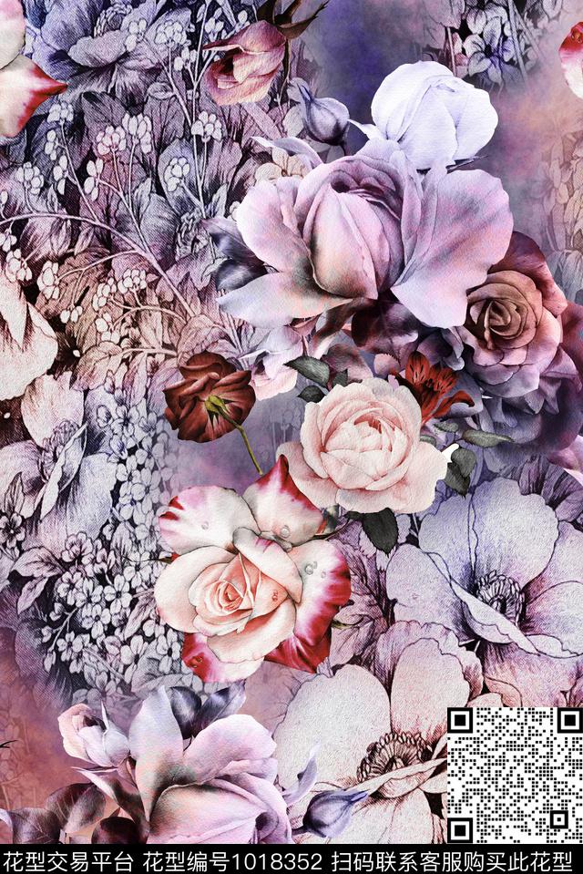 手绘花卉中国风香云纱数码印花华亿平台下载（图片编号: 1018352） - 瓦栏（Walan）