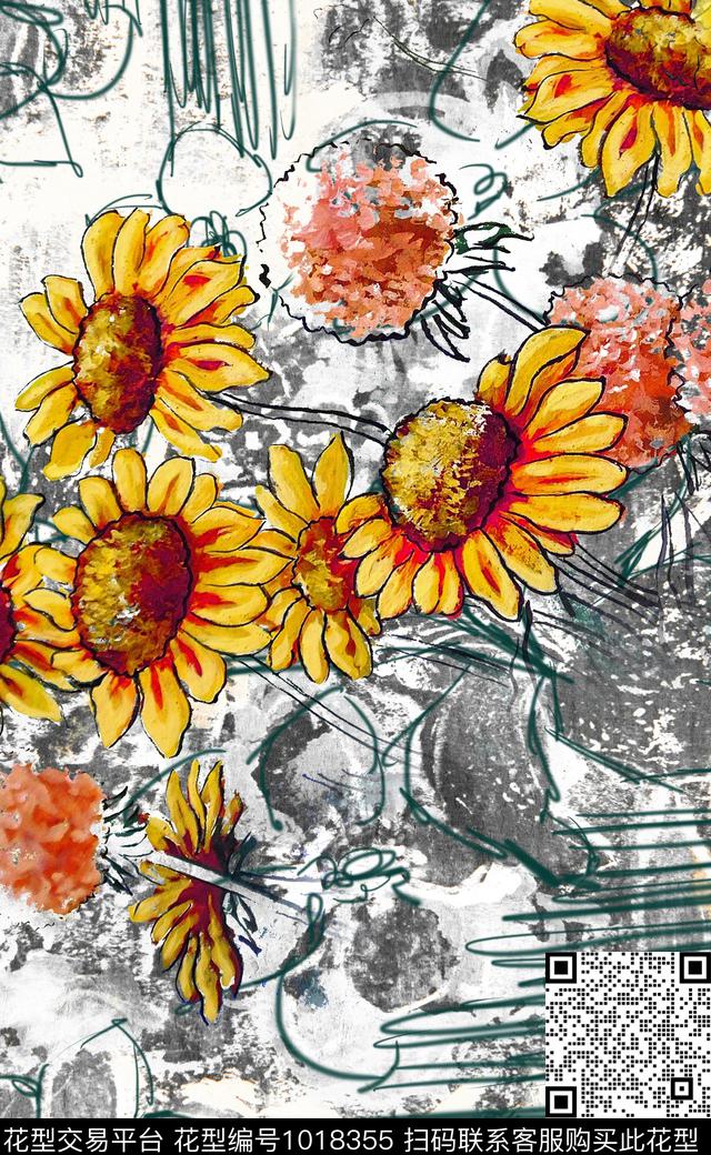 大花线条定位花数码印花华亿平台下载（图片编号: 1018355） - 瓦栏（Walan）