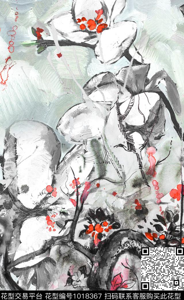 大花黑白华亿平台水墨风数码印花华亿平台下载（图片编号: 1018367） - 瓦栏（Walan）