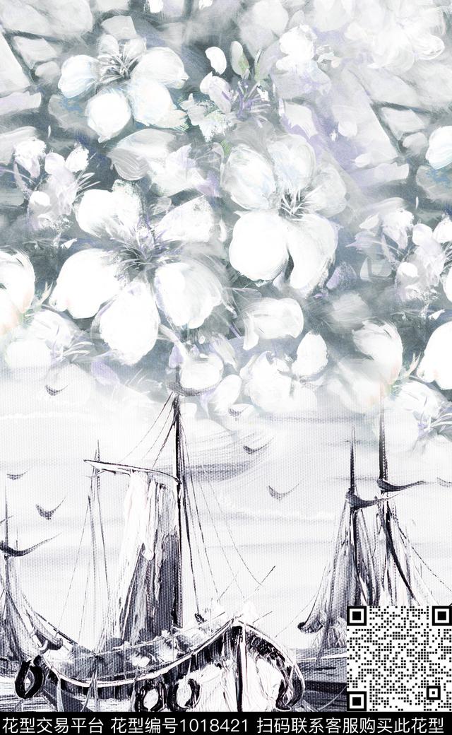 大花定位花水墨风数码印花华亿平台下载（图片编号: 1018421） - 瓦栏（Walan）