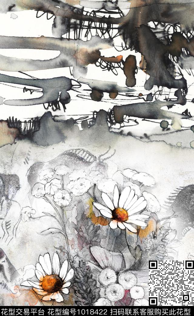 大花定位花水墨风数码印花华亿平台下载（图片编号: 1018422） - 瓦栏（Walan）