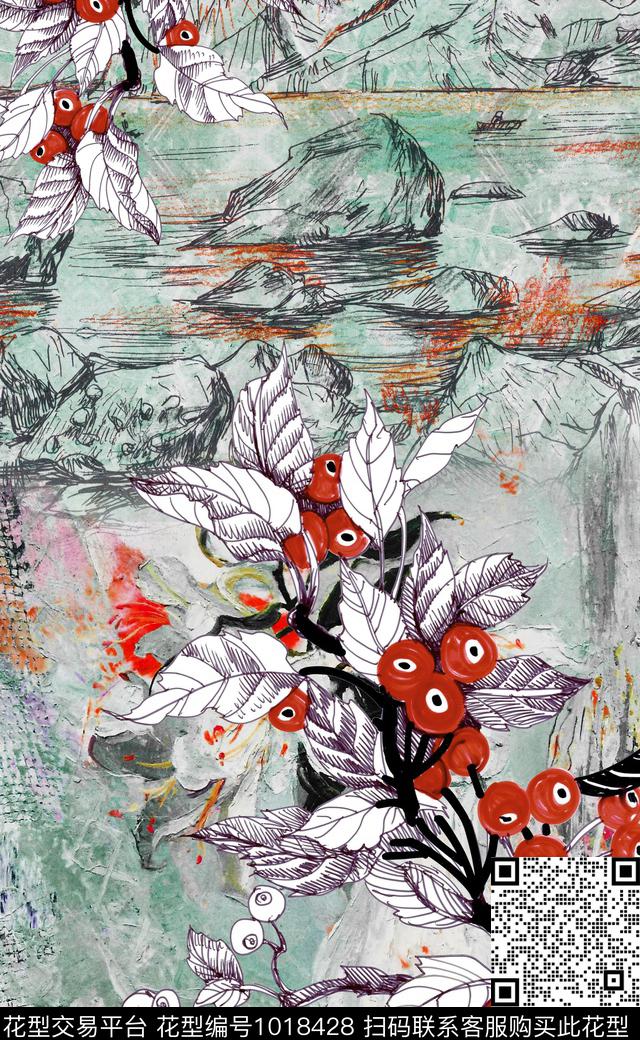 大花定位花中国风数码印花华亿平台下载（图片编号: 1018428） - 瓦栏（Walan）
