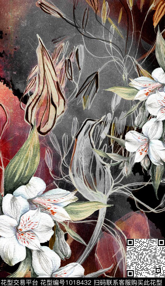 大花线条肌理数码印花华亿平台下载（图片编号: 1018432） - 瓦栏（Walan）