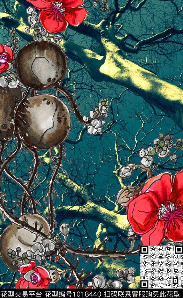 大花线条定位花数码印花华亿平台下载（图片编号: 1018440） - 瓦栏（Walan）