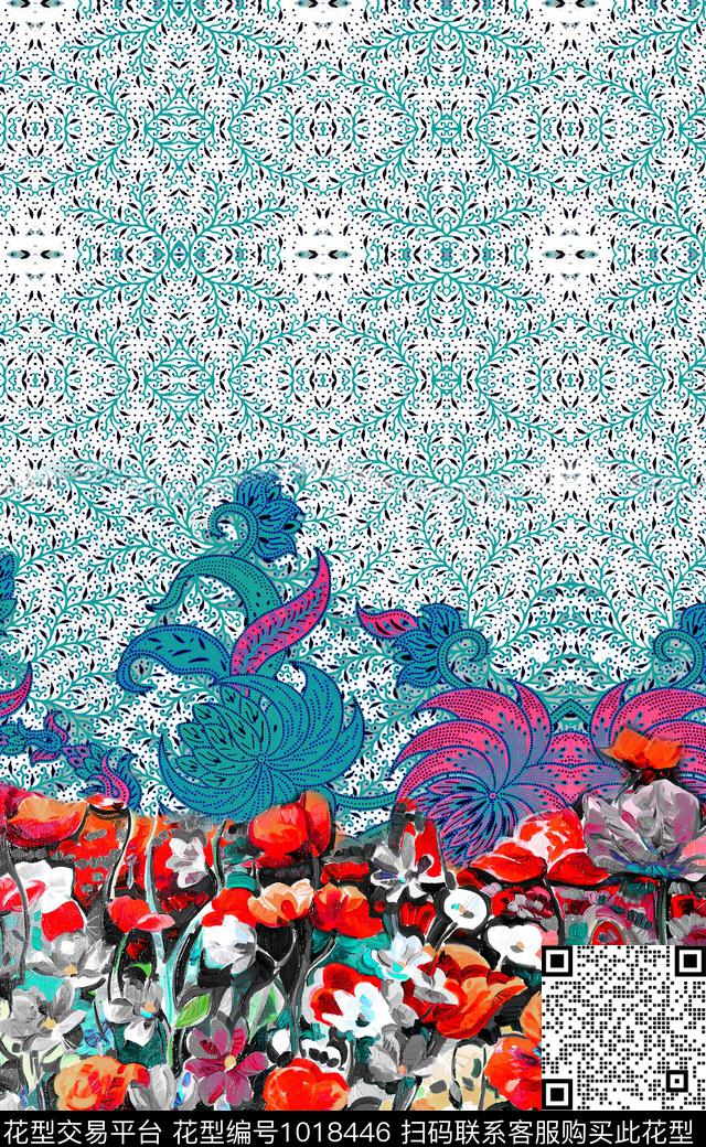 大花定位花水墨风数码印花华亿平台下载（图片编号: 1018446） - 瓦栏（Walan）
