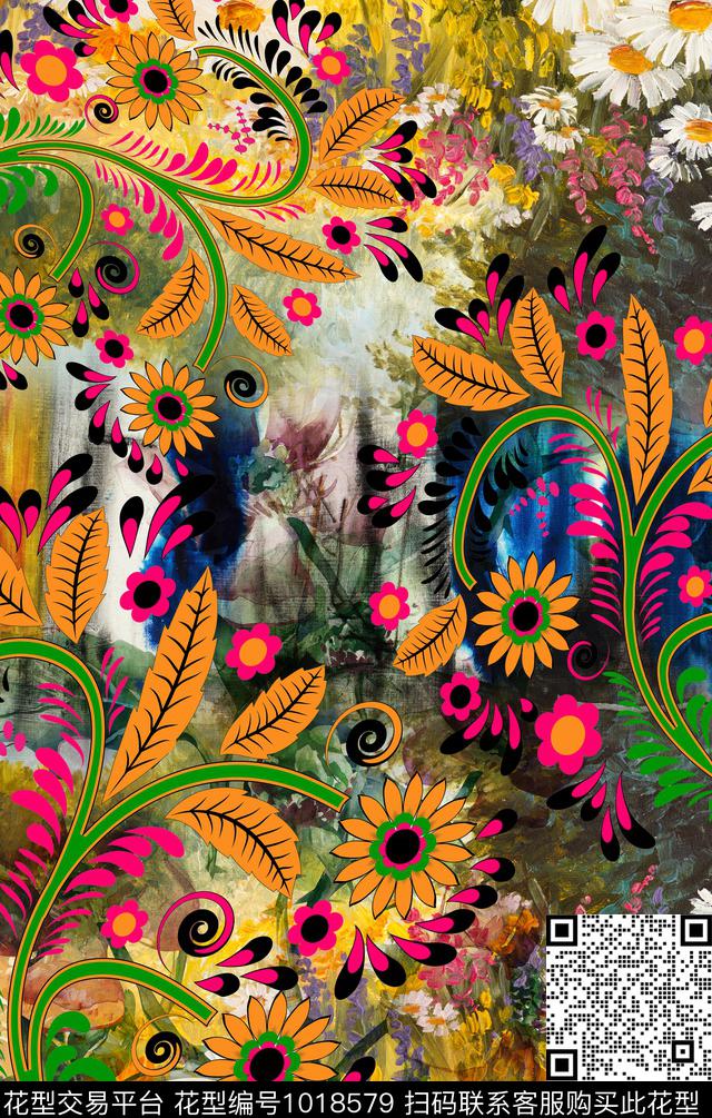 民族风波西米亚定位花数码印花华亿平台下载（图片编号: 1018579） - 瓦栏（Walan）