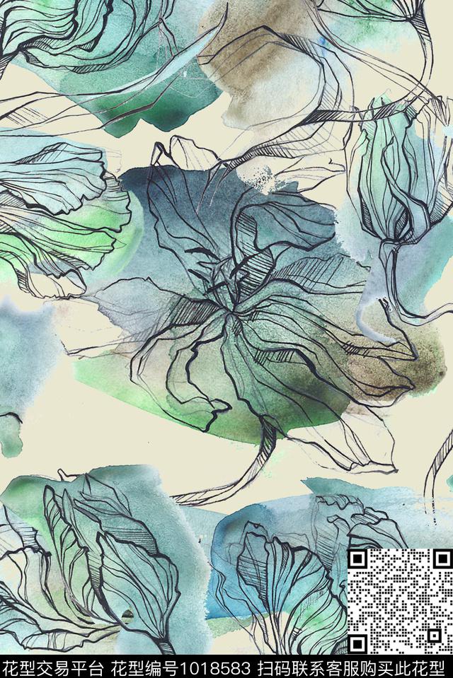 数码华亿平台花卉手绘花卉数码印花华亿平台下载（图片编号: 1018583） - 瓦栏（Walan）