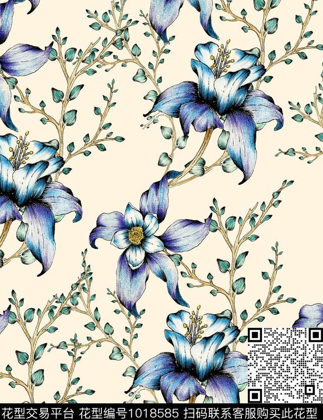 数码华亿平台花卉水墨风数码印花华亿平台下载（图片编号: 1018585） - 瓦栏（Walan）