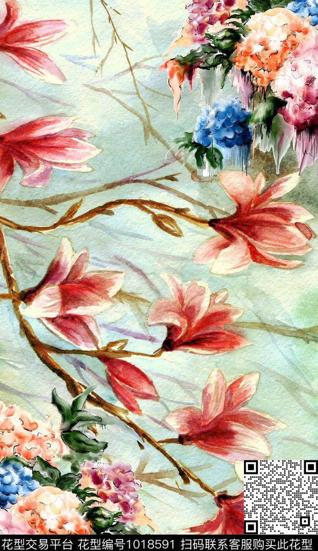 定位花花卉水墨风数码印花华亿平台下载（图片编号: 1018591） - 瓦栏（Walan）