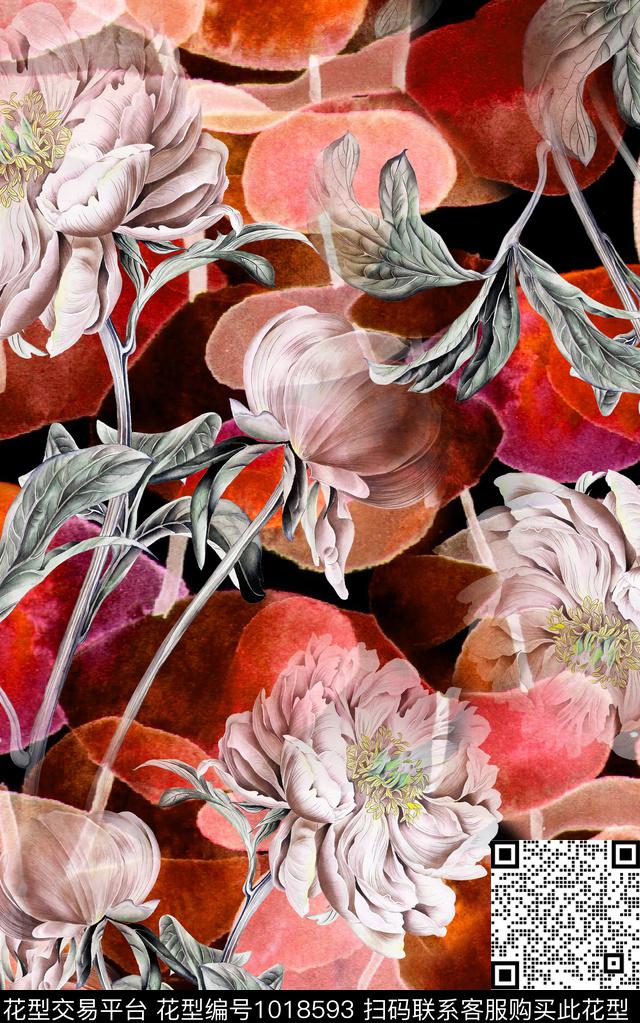 肌理水彩花卉花卉数码印花华亿平台下载（图片编号: 1018593） - 瓦栏（Walan）