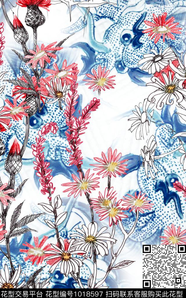 水彩花卉数码印花华亿平台下载（图片编号: 1018597） - 瓦栏（Walan）