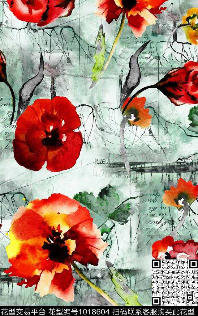 肌理水彩花卉花卉数码印花华亿平台下载（图片编号: 1018604） - 瓦栏（Walan）
