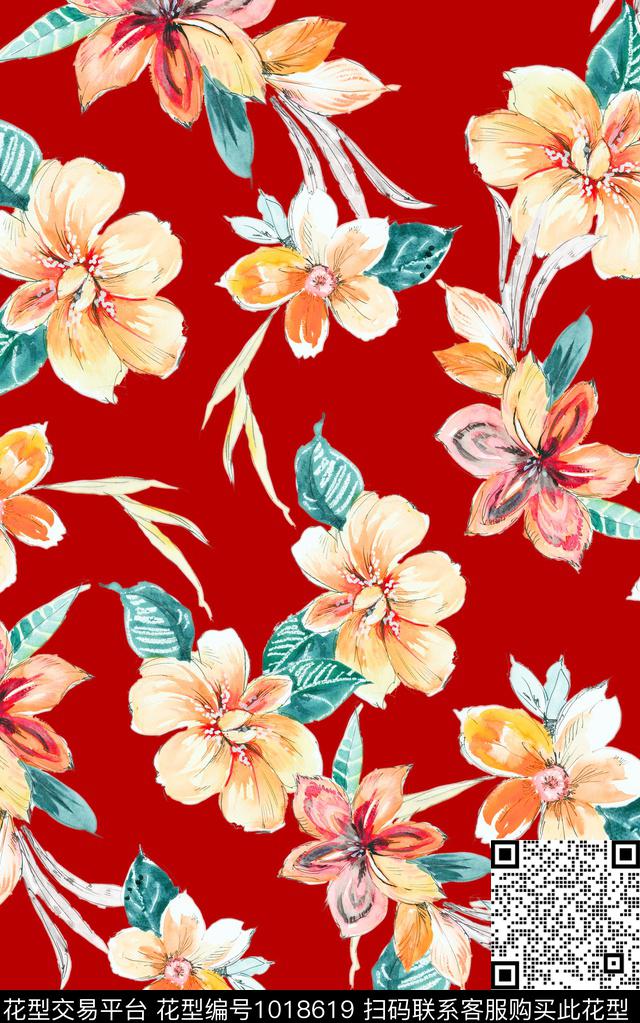 水彩花卉手绘花卉花卉数码印花华亿平台下载（图片编号: 1018619） - 瓦栏（Walan）