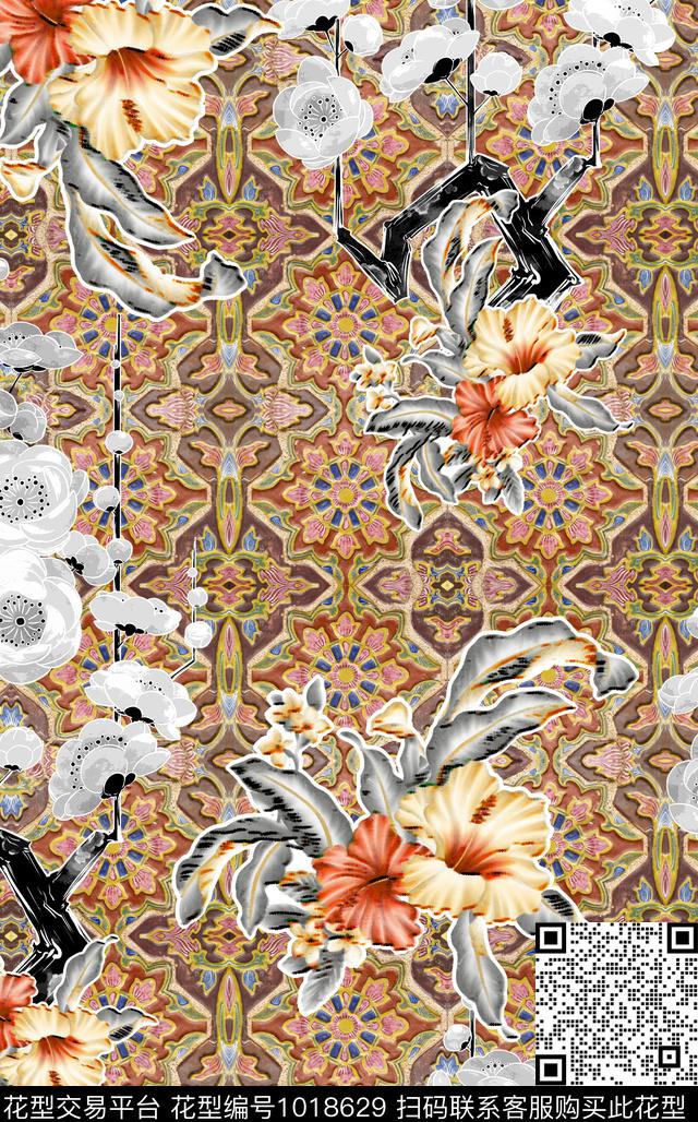 数码华亿平台古典花纹花卉数码印花华亿平台下载（图片编号: 1018629） - 瓦栏（Walan）