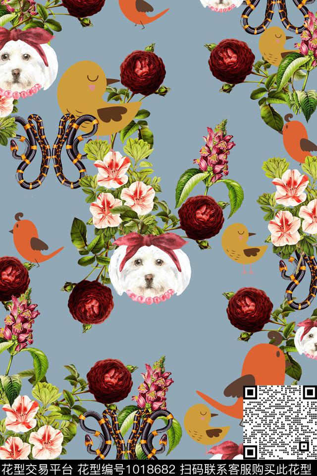 动物花卉蛇玫瑰花数码印花华亿平台下载（图片编号: 1018682） - 瓦栏（Walan）