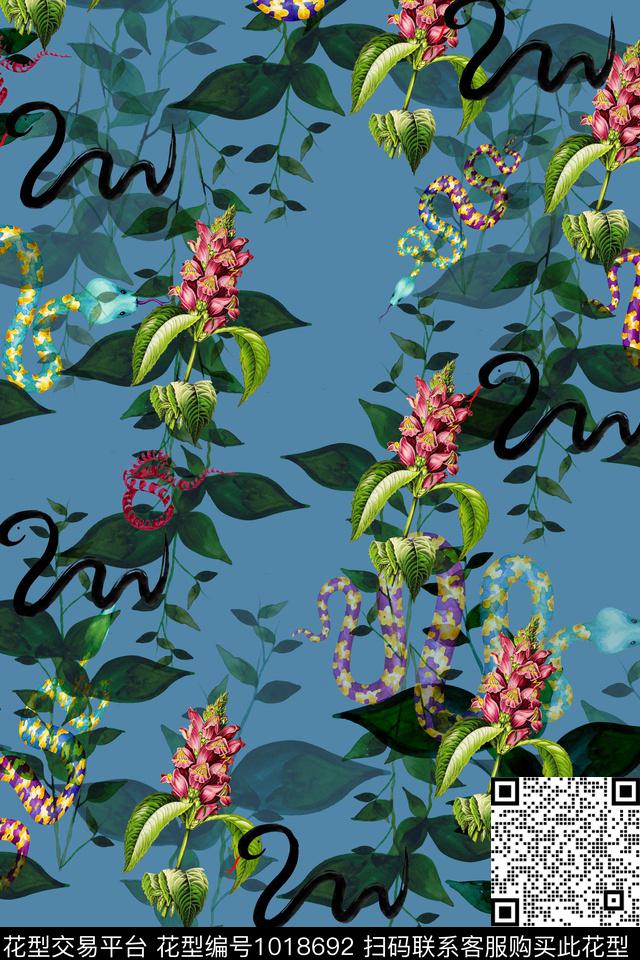 动物花卉蛇玫瑰花数码印花华亿平台下载（图片编号: 1018692） - 瓦栏（Walan）