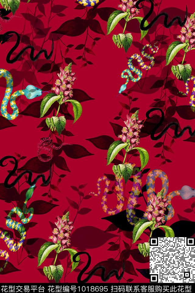 动物花卉蛇玫瑰花数码印花华亿平台下载（图片编号: 1018695） - 瓦栏（Walan）