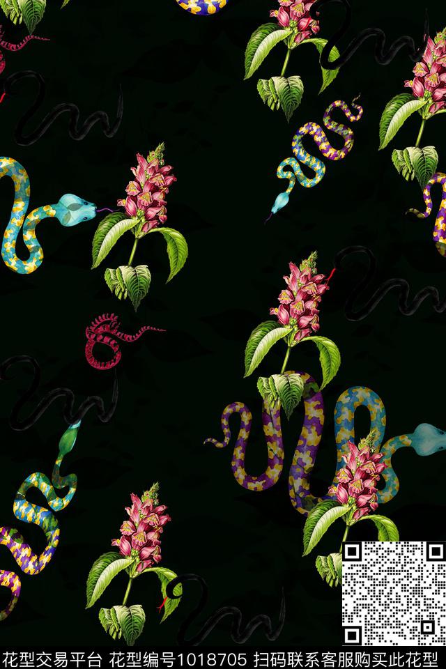 动物花卉蛇玫瑰花数码印花华亿平台下载（图片编号: 1018705） - 瓦栏（Walan）