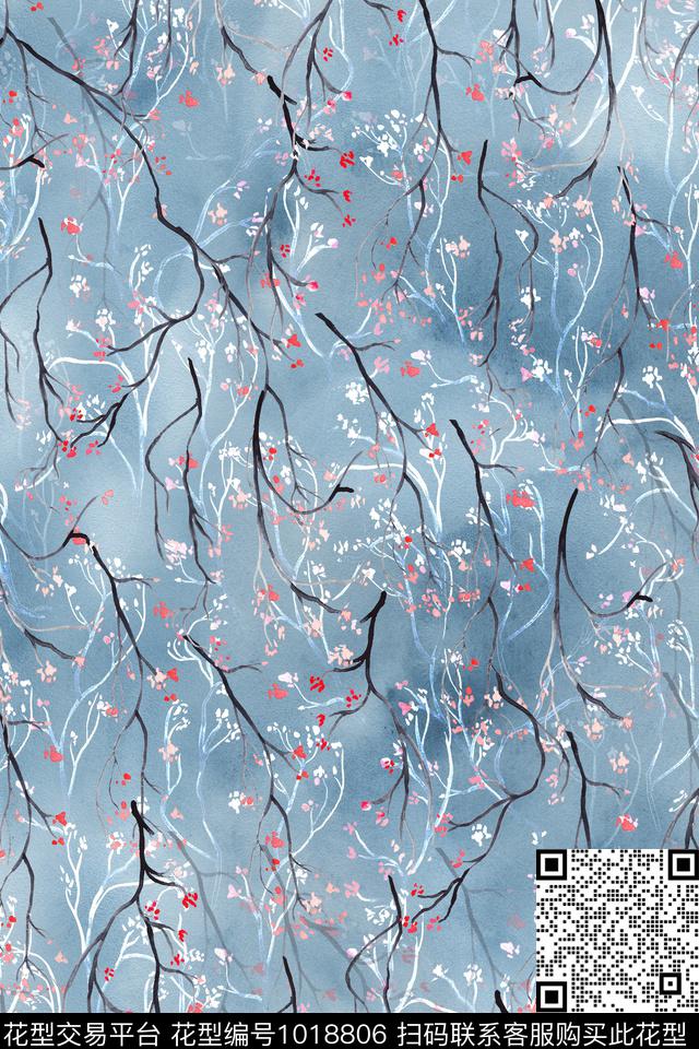 枝叶花中国风数码印花华亿平台下载（图片编号: 1018806） - 瓦栏（Walan）