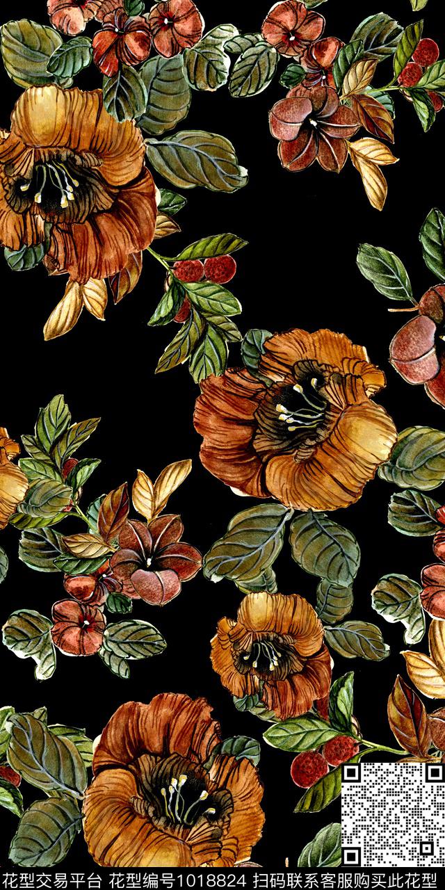 抽象花卉手绘花卉深底花卉数码印花华亿平台下载（图片编号: 1018824） - 瓦栏（Walan）