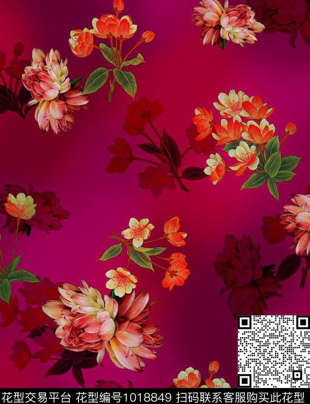花卉香云纱工笔花卉数码印花华亿平台下载（图片编号: 1018849） - 瓦栏（Walan）