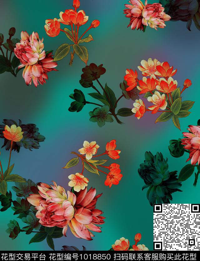 花卉香云纱工笔花卉数码印花华亿平台下载（图片编号: 1018850） - 瓦栏（Walan）