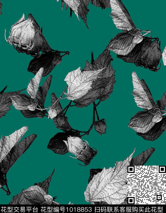 手绘叶子绿植树叶花蕾数码印花华亿平台下载（图片编号: 1018853） - 瓦栏（Walan）