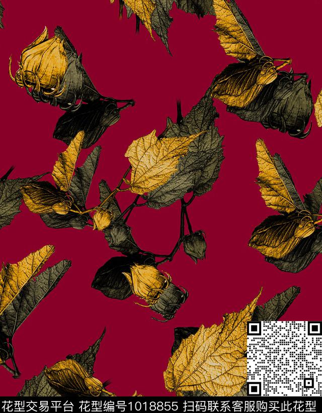 手绘叶子绿植树叶花蕾数码印花华亿平台下载（图片编号: 1018855） - 瓦栏（Walan）