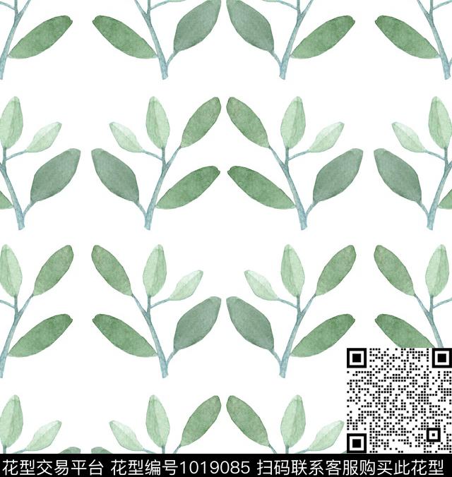 绿色绿植树叶水彩花卉数码印花华亿平台下载（图片编号: 1019085） - 瓦栏（Walan）