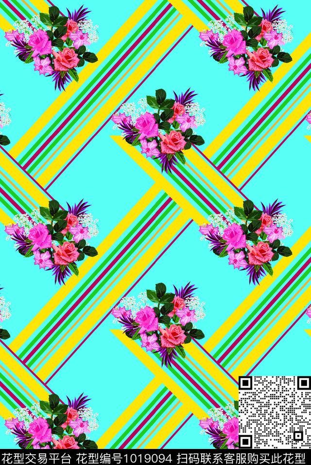 矢量鲜花条纹传统印花华亿平台下载（图片编号: 1019094） - 瓦栏（Walan）
