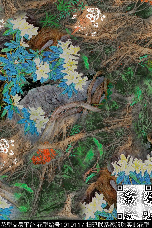 花卉国画树纹数码印花华亿平台下载（图片编号: 1019117） - 瓦栏（Walan）