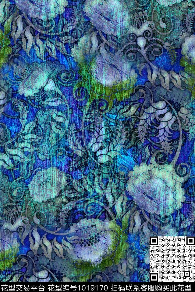 抽象花卉民族风香云纱华亿平台数码印花华亿平台下载（图片编号: 1019170） - 瓦栏（Walan）