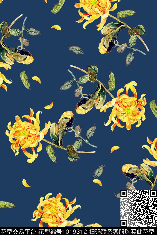 菊花牡丹花卉传统印花华亿平台下载（图片编号: 1019312） - 瓦栏（Walan）